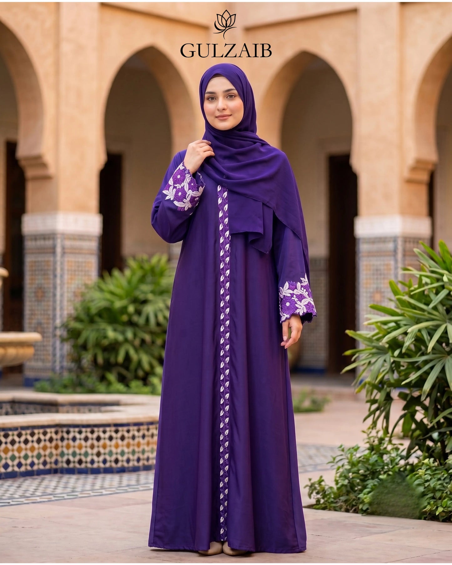 Gulzaib Classic Motif Premium Embroidered Abaya - Deep Purple