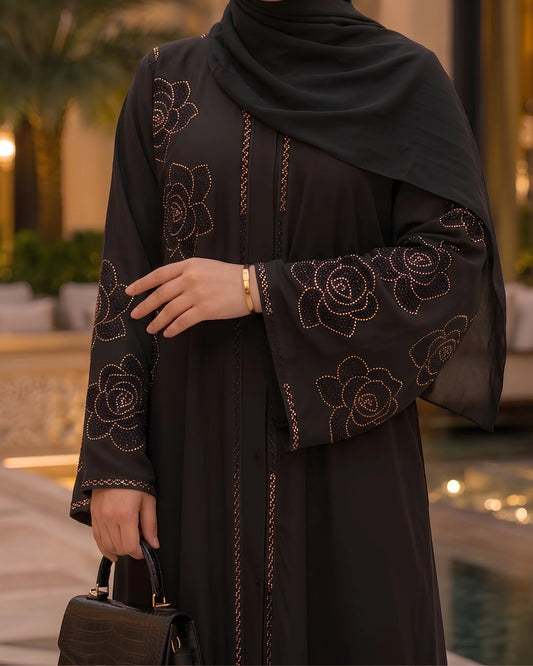 Gulzaib Midnight Rose Stonework Premium Abaya