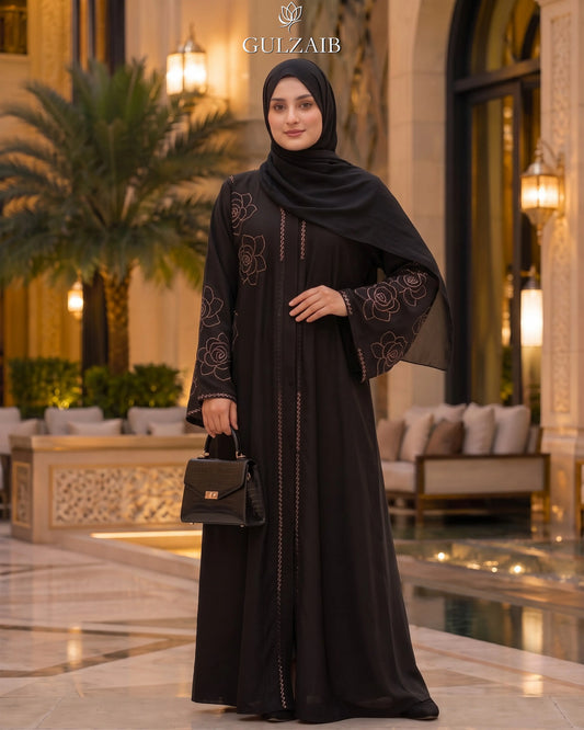 Gulzaib Midnight Rose Stonework Premium Abaya