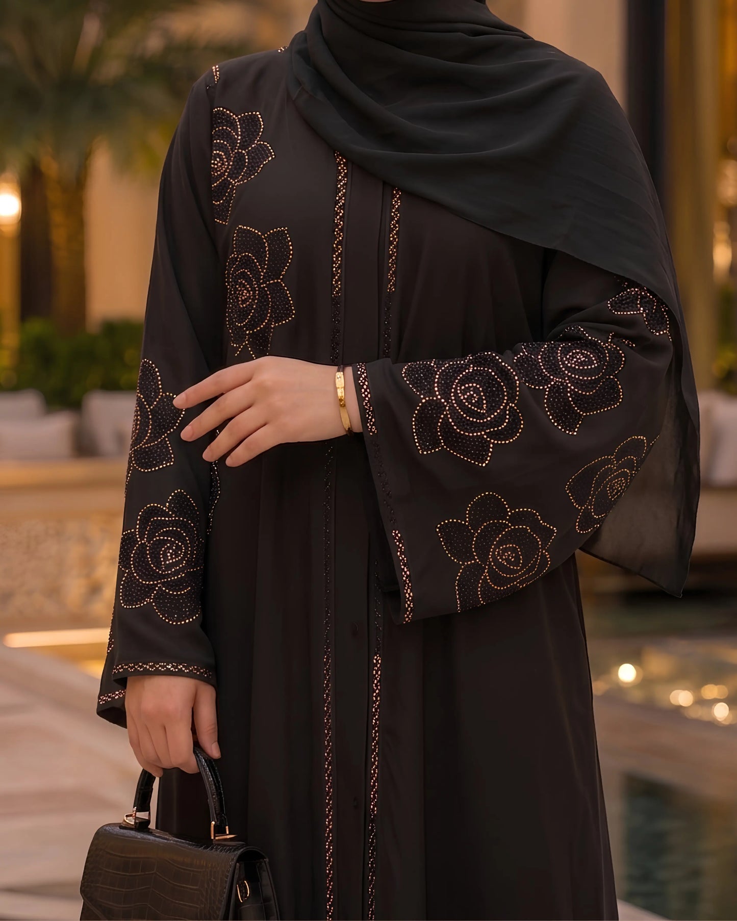 Gulzaib Midnight Rose Stonework Premium Abaya