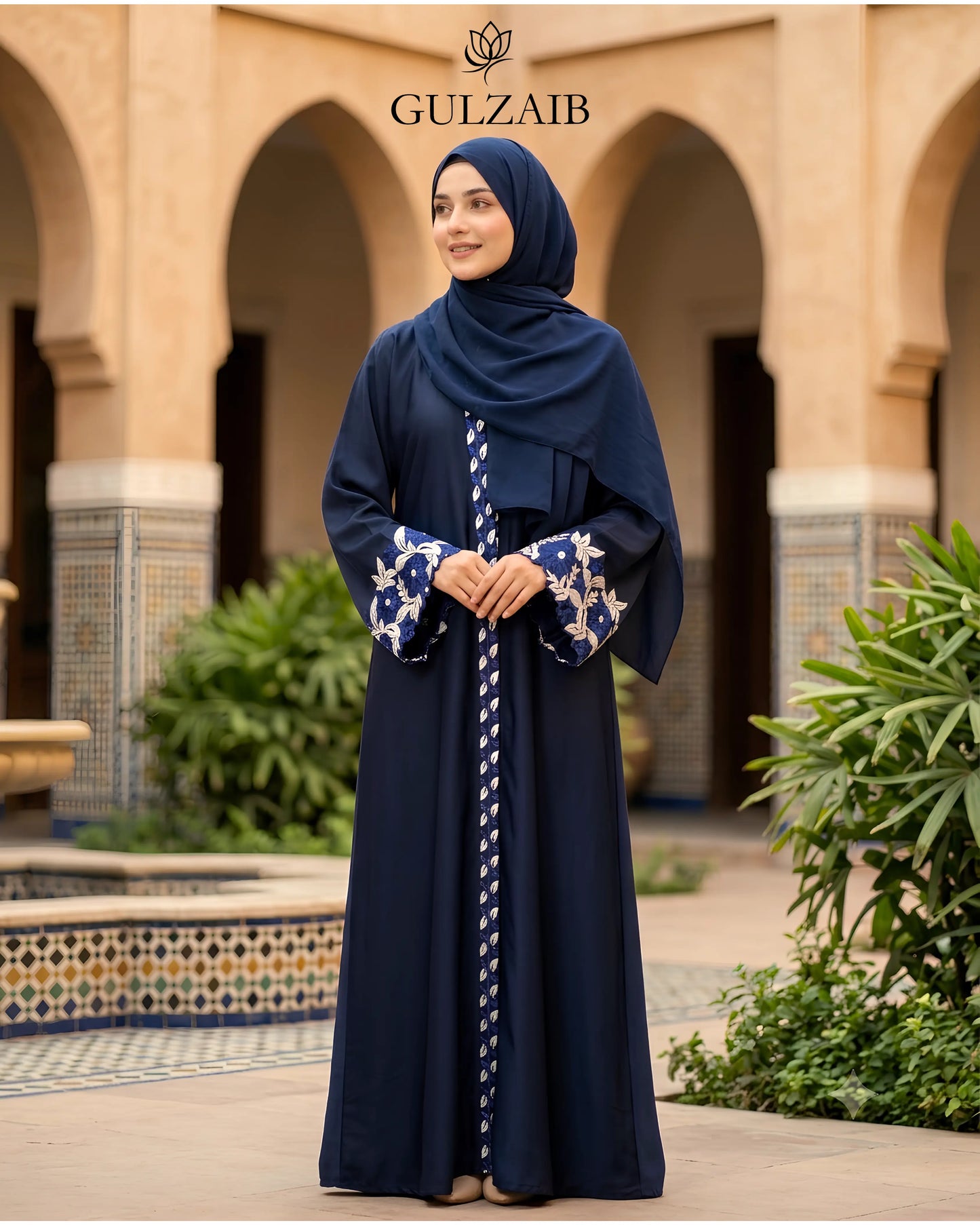 Gulzaib Classic Motif Premium Embroidered Abaya - Royal Navy